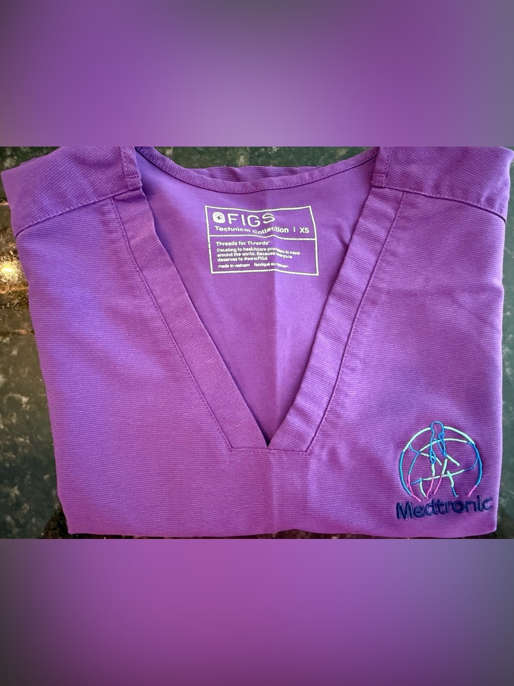 FIGS Purple V-Neck Casma Top XS & Kade Bottoms S with Medtronic Embroidery
